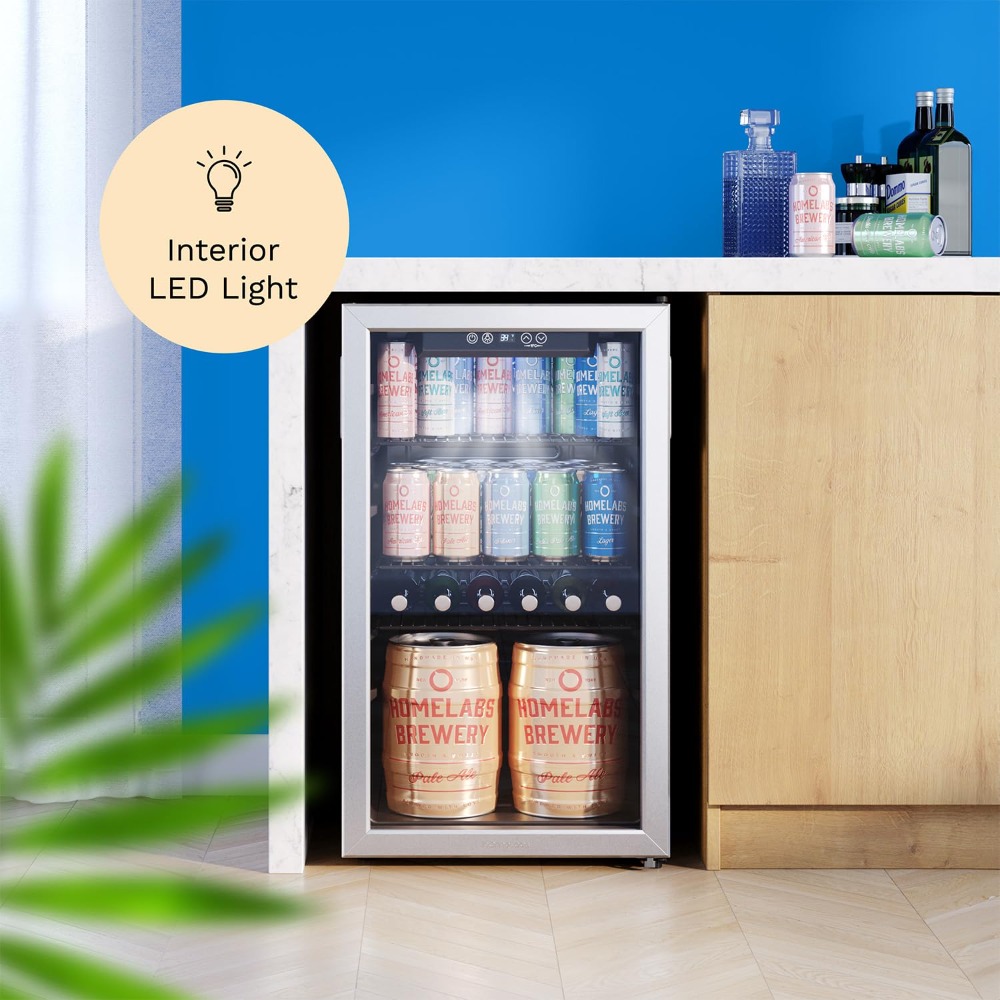 Wine Beer Cooler Fridge - 120 Can Mini Beverage Refrigerator, Glass